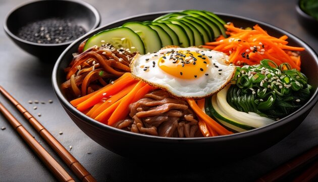 delicious korean style bibimbap bowl with vegetables and chopsticks