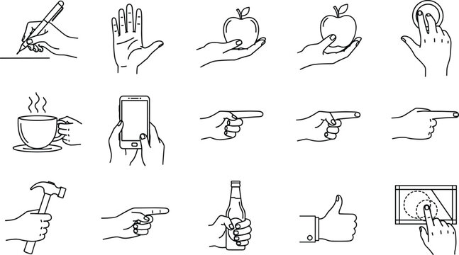 Hand Gesture Icon Set with Writing, Holding, Pointing, Touchscreen, Drinking, and Everyday Actions Line Illustrations for User Interface and Lifestyle Design Projects