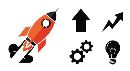 Obraz premium Startup growth concept with rocket lightbulb and gears silhouette