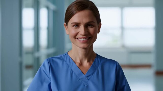 Smiling healthcare professional in scrubs standing in a bright medical facility. Represents dedication to patient care and health services