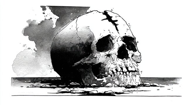Monochrome skull illustration against white background symbol of mortality