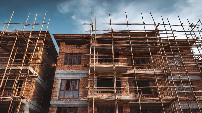 Construction progress: A captivating view of a building in its formative stages, showcasing the robust framework of scaffolding as it supports the rising structure.