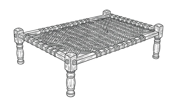 Traditional woven charpai bed frame vector illustration isolated graphic element art.