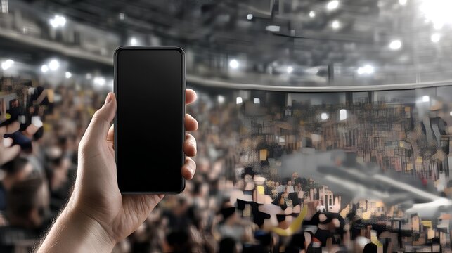 Spectator and Smart Phone: A close-up shot of a hand holding a smart phone with a black screen, with an arena filled with spectators in the blurred background. It could represent live streaming.