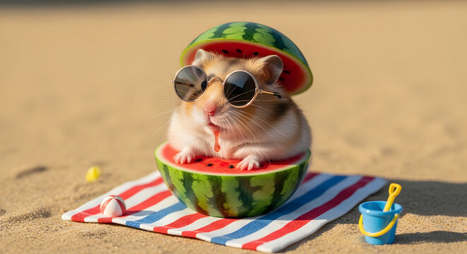 Adorable hamster wearing sunglasses inside a watermelon on a beach