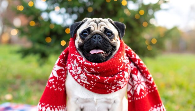 Pug in Scarf with Holiday.