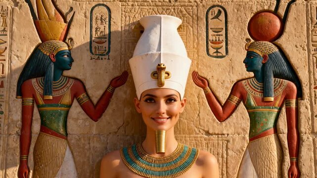 Hatshepsut, ancient Egypt's most powerful female pharaoh, wearing white Hedjet crown, golden uraeus and turquoise collar flanked by painted deity reliefs.