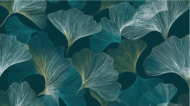 Abstract pattern featuring teal and white fan shapes with golden highlights on a dark teal background. Fan-shaped lines seamless pattern with golden accents