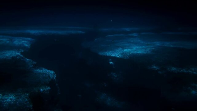 Underwater view of a deep ocean trench illuminated by soft blue light. A mesmerizing glimpse into the mysterious depths of the ocean ecosystem