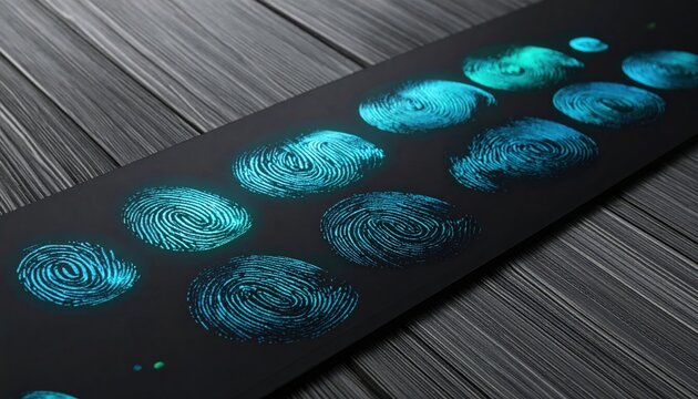 Glowing teal biometric fingerprint patterns manifesting on a dark sleek metallic surface, representing advanced security protocols and modern digital authentication identity systems.