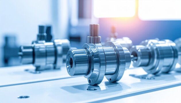 Precision machined micro resonators for quantum sensing displaying polished metal components on a technical assembly line, showcasing high technology and modern industrial engineering.