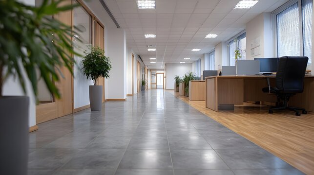 A bright and modern corporate office hallway featuring natural light contemporary furniture and lush potted plants