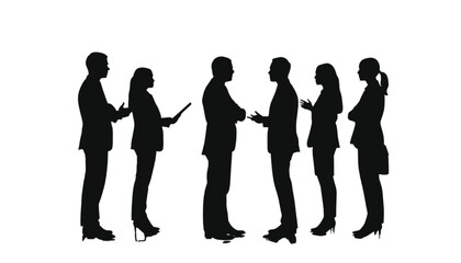 Obraz premium Businesspeople stand in a line while discussing professional projects in a corporate office environment.