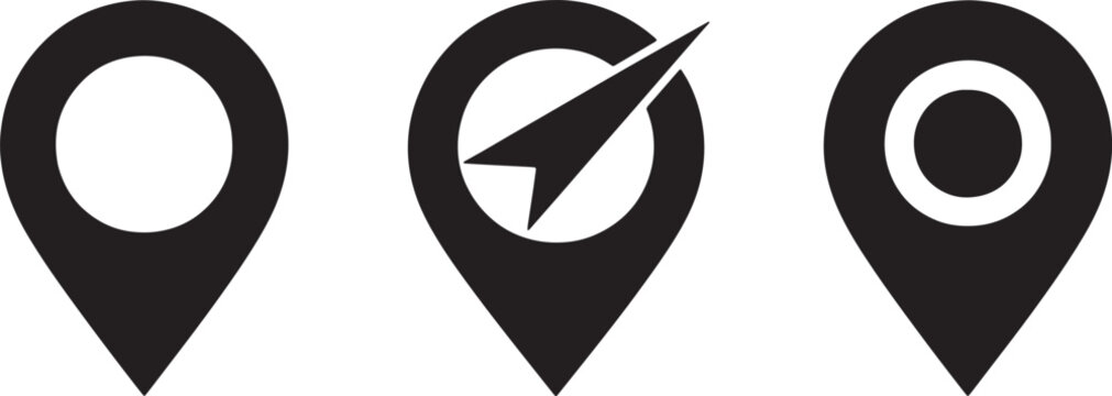 Set of three location pin icons for map navigation and travel tracking systems with distinct pointer markers and holes Vector Illustration