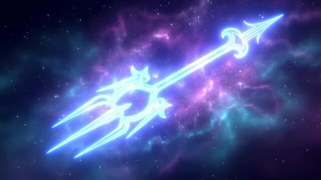 Glowing trident floating in a cosmic nebula. Symbolizes power, mythology, and the mysteries of the universe