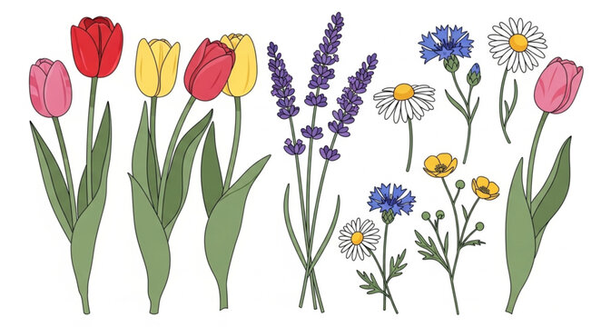 Collection of Spring Flowers Tulips Lavender Daisies Cornflowers and Buttercups.