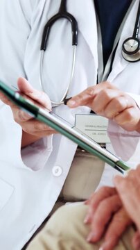 Hospital, doctor and hands with tablet for checkup, conversation or explaining diagnosis on website. Medical professional, online and talk with senior person, consultation and test results in clinic