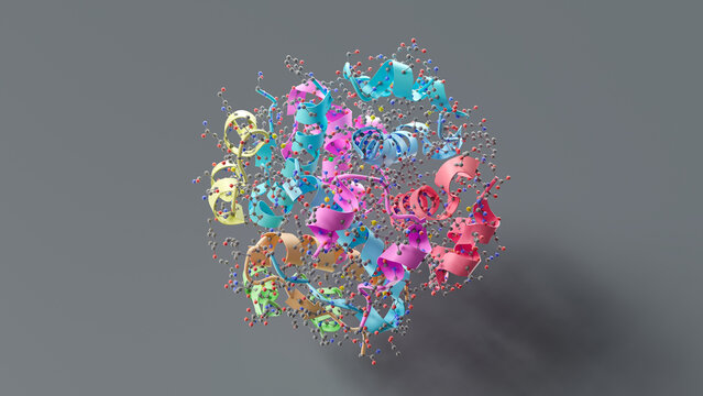 High-Resolution 3D Molecular Structure Visualization of Insulin Lispro with Detailed Atomic Model and Ribbon Representation