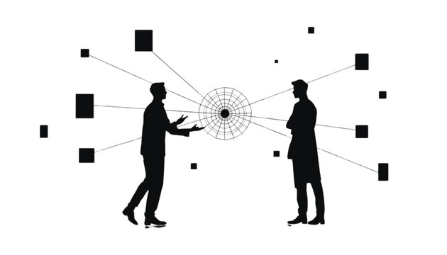 Colleagues discuss data points represented by floating square icons linked to a central network hub.