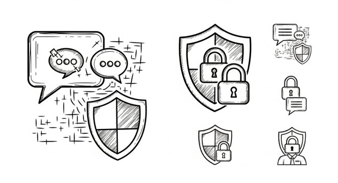 Cybersecurity concept with shields and locks icons.