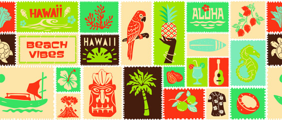 Tropical summer seamless pattern, hand drawn exotic holiday tile background, ocean mail sticker. Hawaii aloha square mosaic wallpaper, coastal beach collage texture. Summer sea pattern graphic © Loya.art