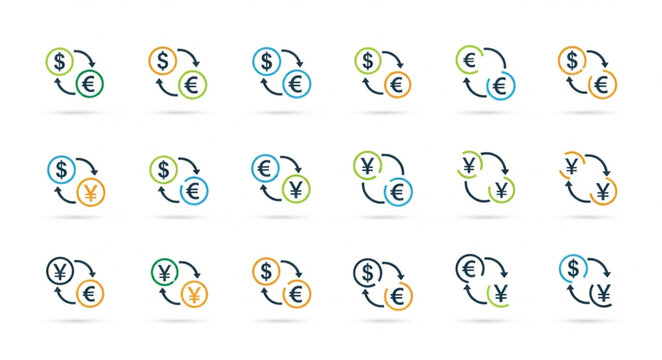 Currency Exchange Icons Set With Arrows Showing Money Transfer.