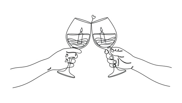 Two hands clinking wine glasses together.