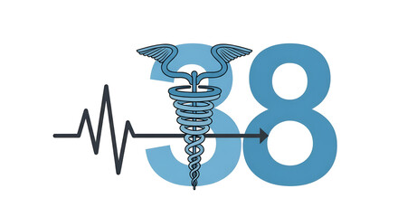 Naklejka premium Medical symbol combined with number 38 and heartbeat line for healthcare graphic in blue on black background