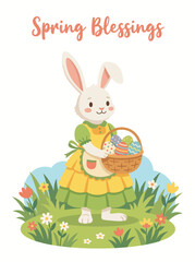 Fototapeta premium A charming bunny character holds a basket of beautifully decorated Easter eggs, representing the joy and delight of springtime festivities and family gatherings.