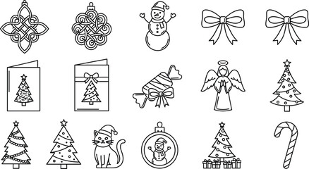 Obraz premium Christmas holiday line icons set with ornaments tree snowman angel gifts festive decoration vector collection pack