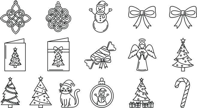 Christmas holiday line icons set with ornaments tree snowman angel gifts festive decoration vector collection pack