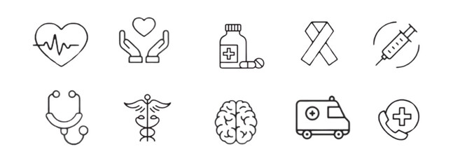 Fototapeta premium Healthcare Outline Icons – Medical and Hospital Vector Collection