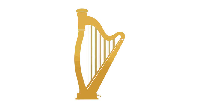Golden harp illustration with elegant curves and a dark silhouette
