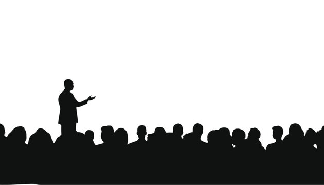 Speaker silhouette stands before a large audience to deliver a formal presentation on a white stage.