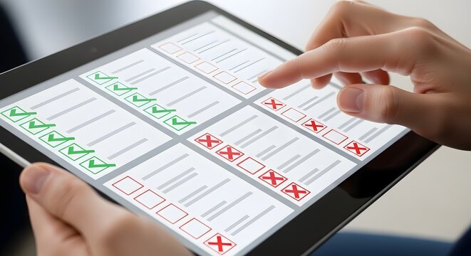 Hands Using Tablet With Checklist Dashboard for Task Management, Quality Control, and Productivity Planning
