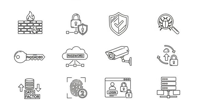 Cybersecurity Icons Representing Digital Security Concepts.
