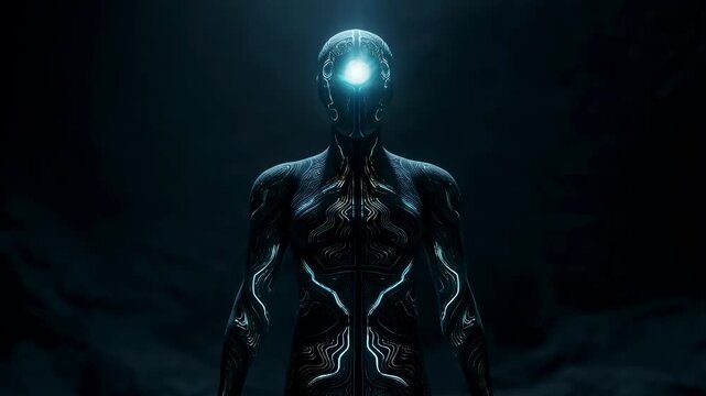 Futuristic humanoid figure with glowing circuitry in a dark environment. Represents the intersection of technology and humanity, exploring themes of innovation and identity