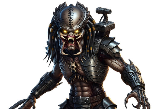 Alien Predator Warrior with Glowing Eyes and Futuristic Armor, Isolated on White Background
