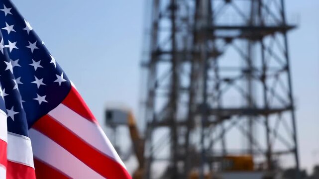 American flag waving in front of an industrial site. Symbolizes patriotism and the connection between national pride and the energy sector