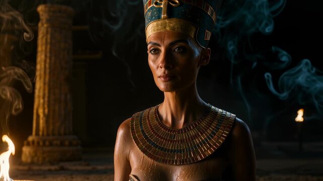 Nefertiti, ancient Egyptian queen, wearing iconic blue and gold flat-top crown, broad jeweled collar necklace, dramatic torchlight and smoke in dark temple interior.