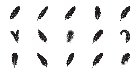 Fototapeta premium Feather Icon Set. Natural Bird Plumage, Quills, Wings and Writing Elements. Vector Illustration.