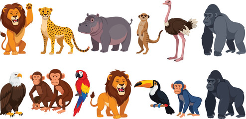 Fototapeta premium Wild Animal Vector Set with Lion Cheetah Gorilla Monkey Eagle Toucan and Safari Wildlife Illustration Collection