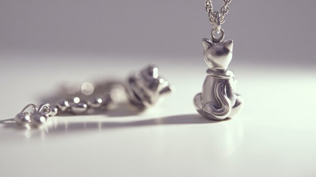 Elegant silver cat pendant necklace and earring set on a white background