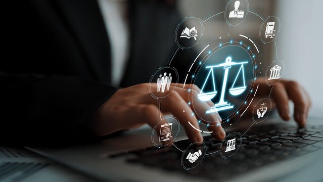 Professional legal technology concept with digital scales of justice and icons for law, online services, and legal matters in modern workspace Sigmoid