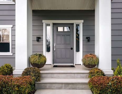 styled home still lifestyle image modern front door with steps up to a front door gray and white exterior home