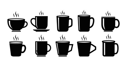 Obraz premium Set of ten solid black vector icons illustrating different styles of steaming coffee mugs perfect for beverage or cafe related projects