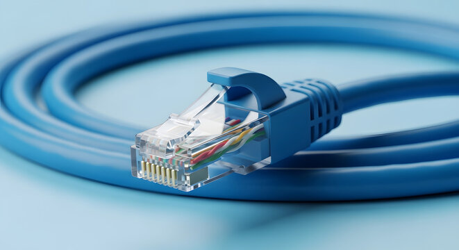 Blue Ethernet cable with a transparent connector on a light blue surface with a white background. AI generated image