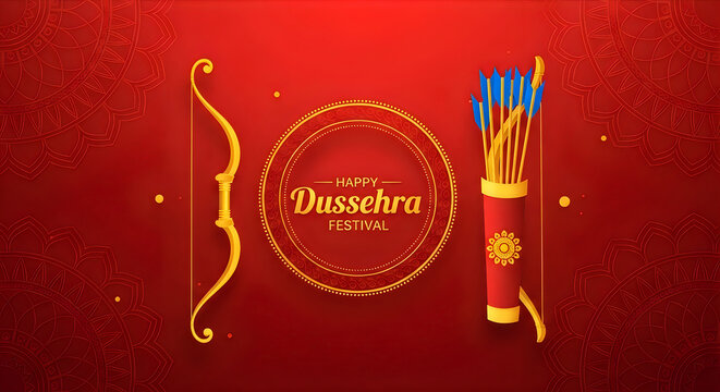 Happy dussehra festival greeting card design with golden bow and arrow quiver on a dark red festive background