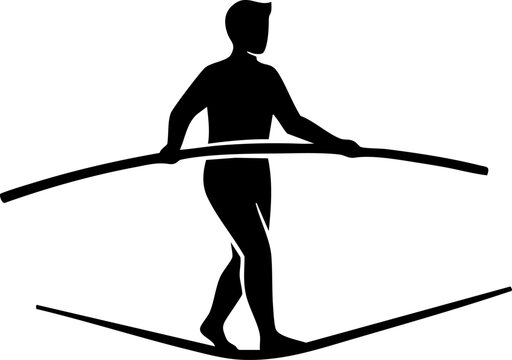 Tightrope walker silhouette, circus performer balancing on high wire with pole, risk and business stability concept vector illustration