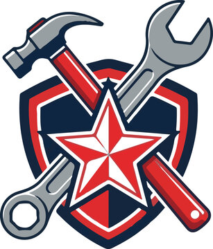 Repair shop shield logo with crossed hammer and wrench icon design